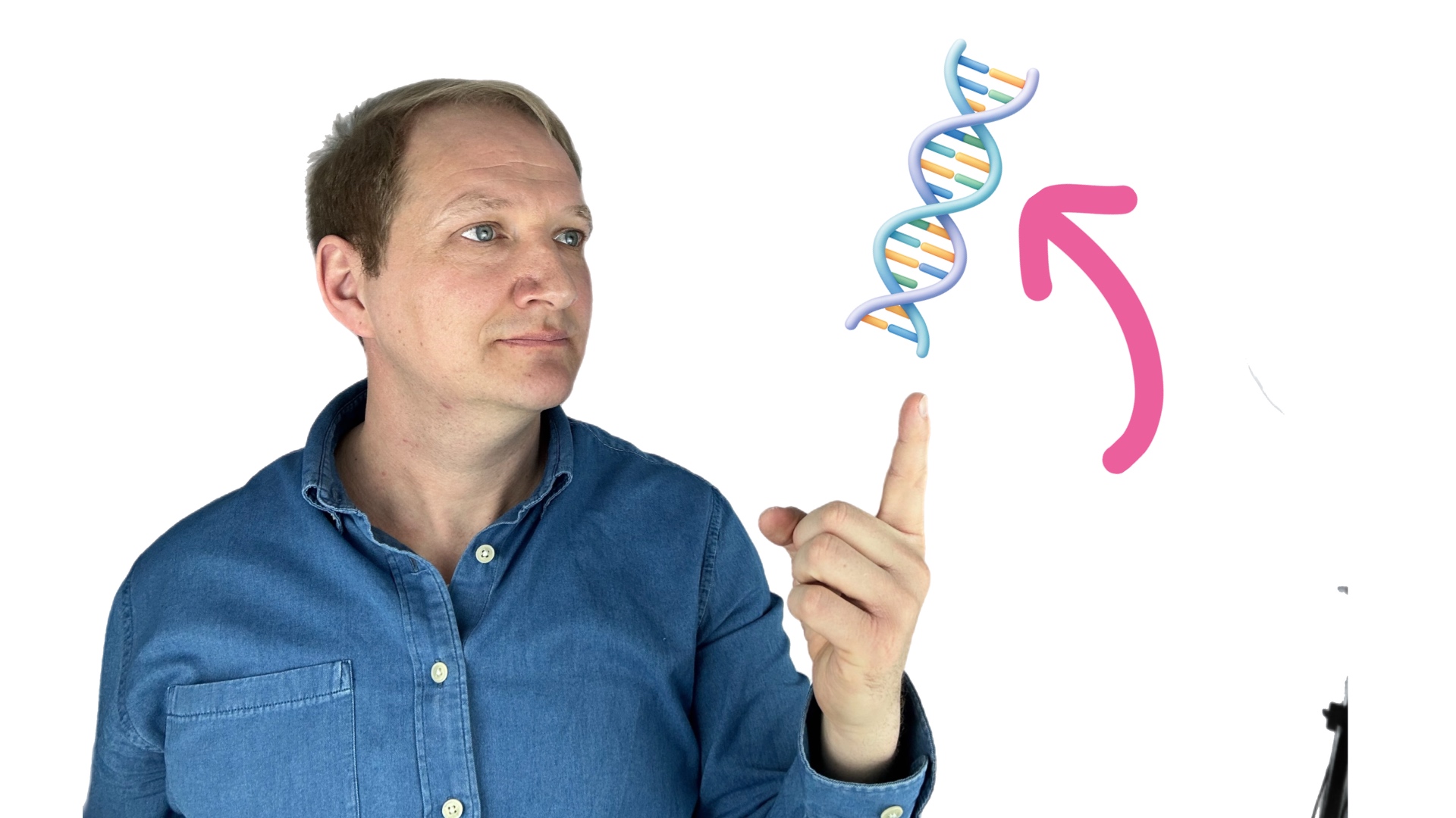 Genetische Hörverluste Man zeigt mit dem Finger auf Gen-Strang der symbolisch für genetisch bedingte Hörverluste steht