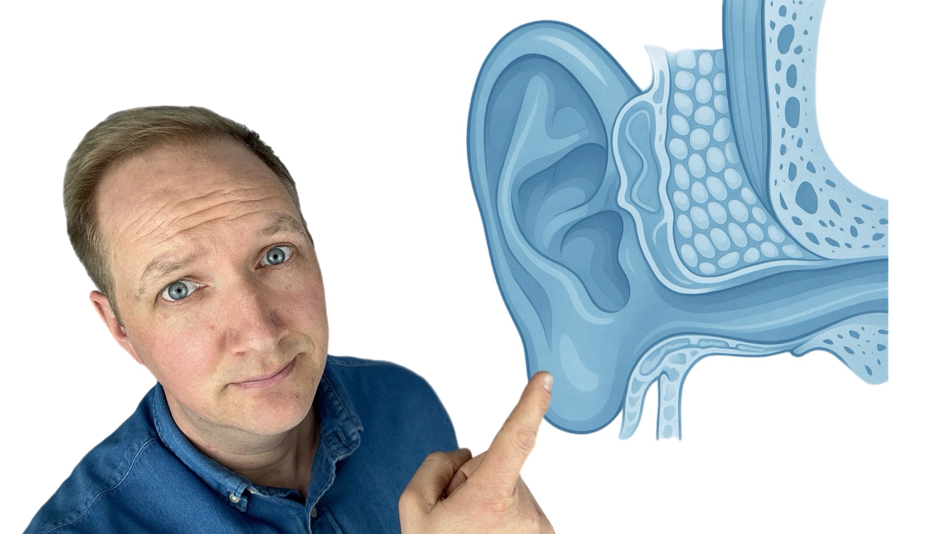 Mann zeigt auf blaues Aussenohr