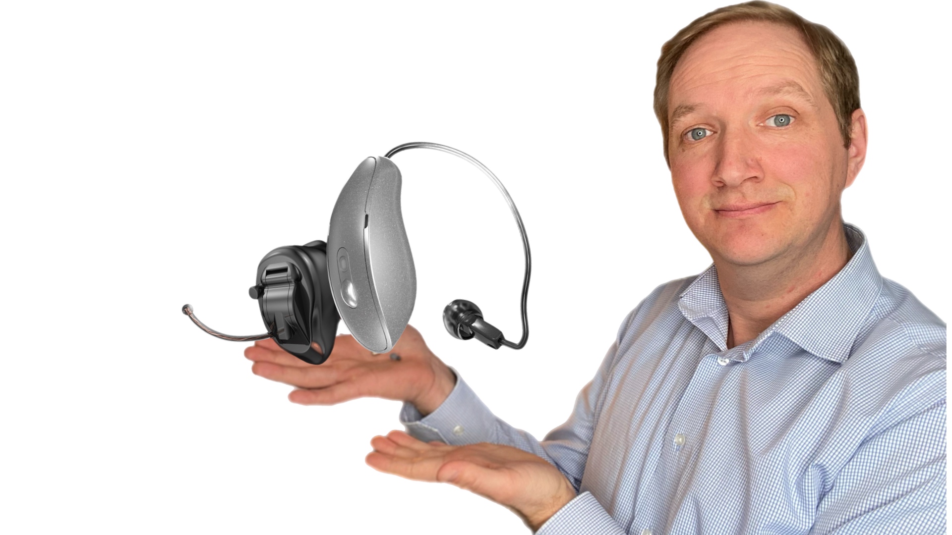 Auf der Hand von Maximilian Bauer schweben die Starkey Omega AI RIC und CIC Hörgeräte