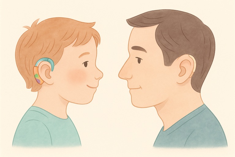 Illustration: Kind mit buntem Hörgerät neben Erwachsenem mit dezentem Hörsystem